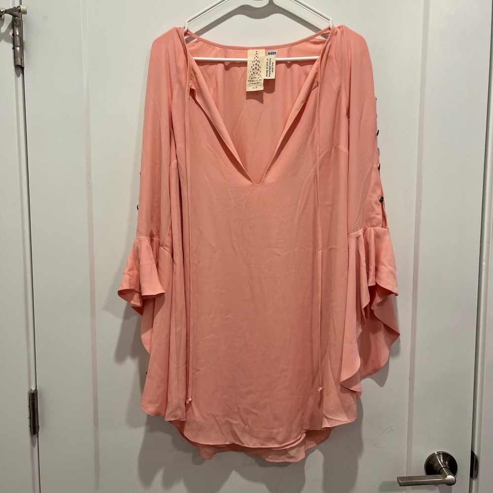 Free People Peach Pink Deep V-Neck Ruffle Sleeve Tunic Top XS
